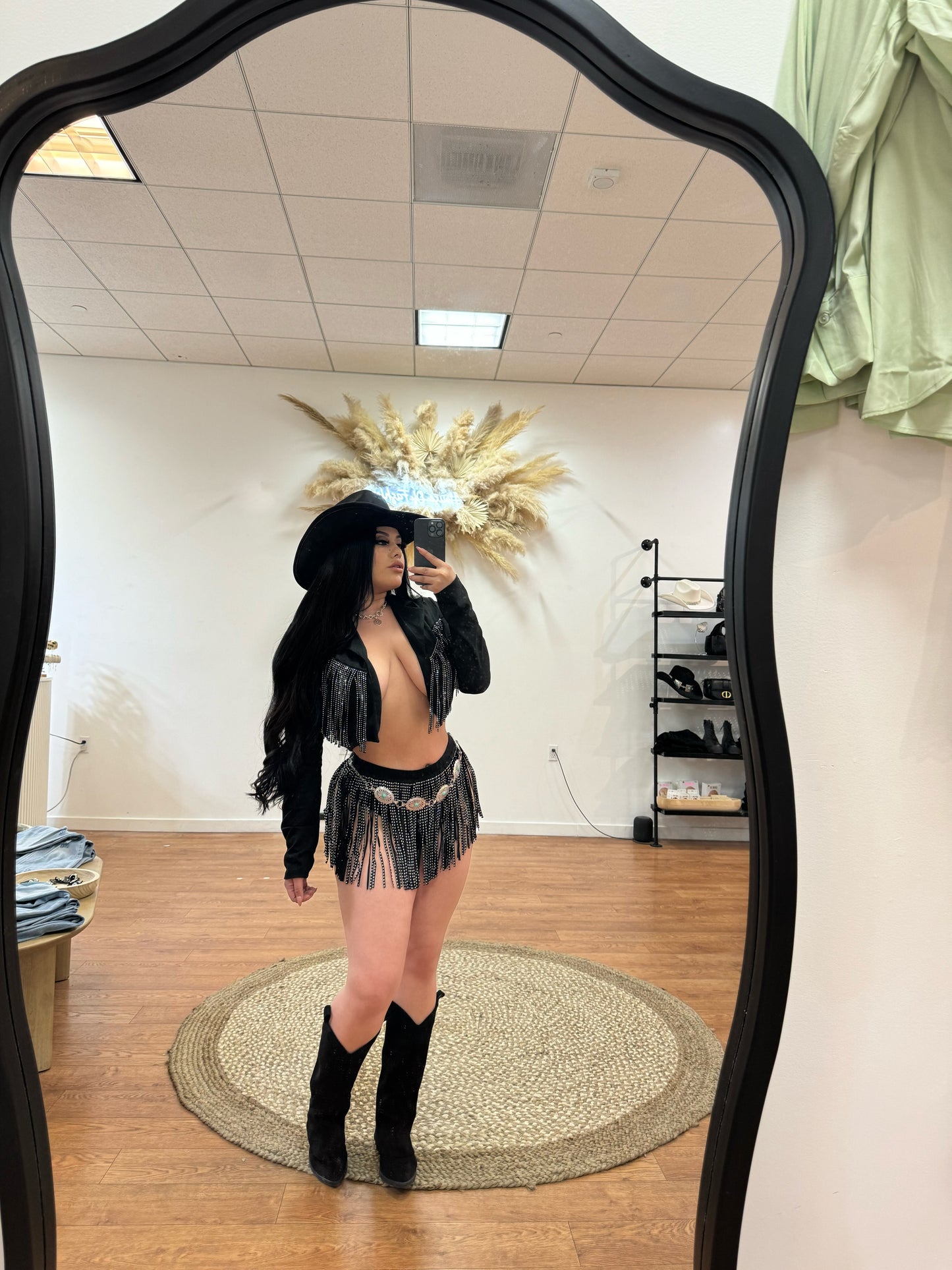 BADDIE COWGIRL FRINGE SKIRT- Black