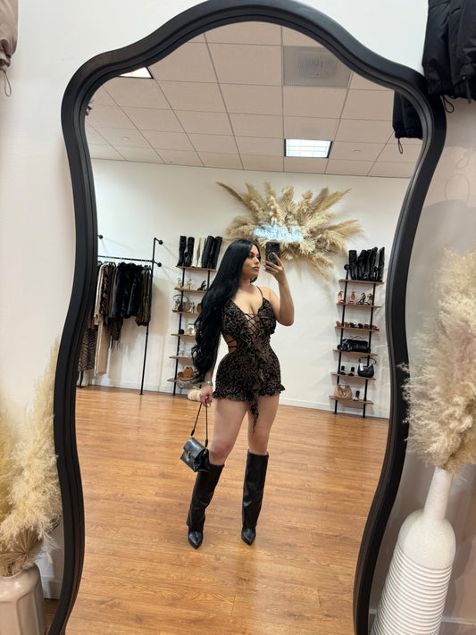 Genesis Open Back Romper- Brown/Black