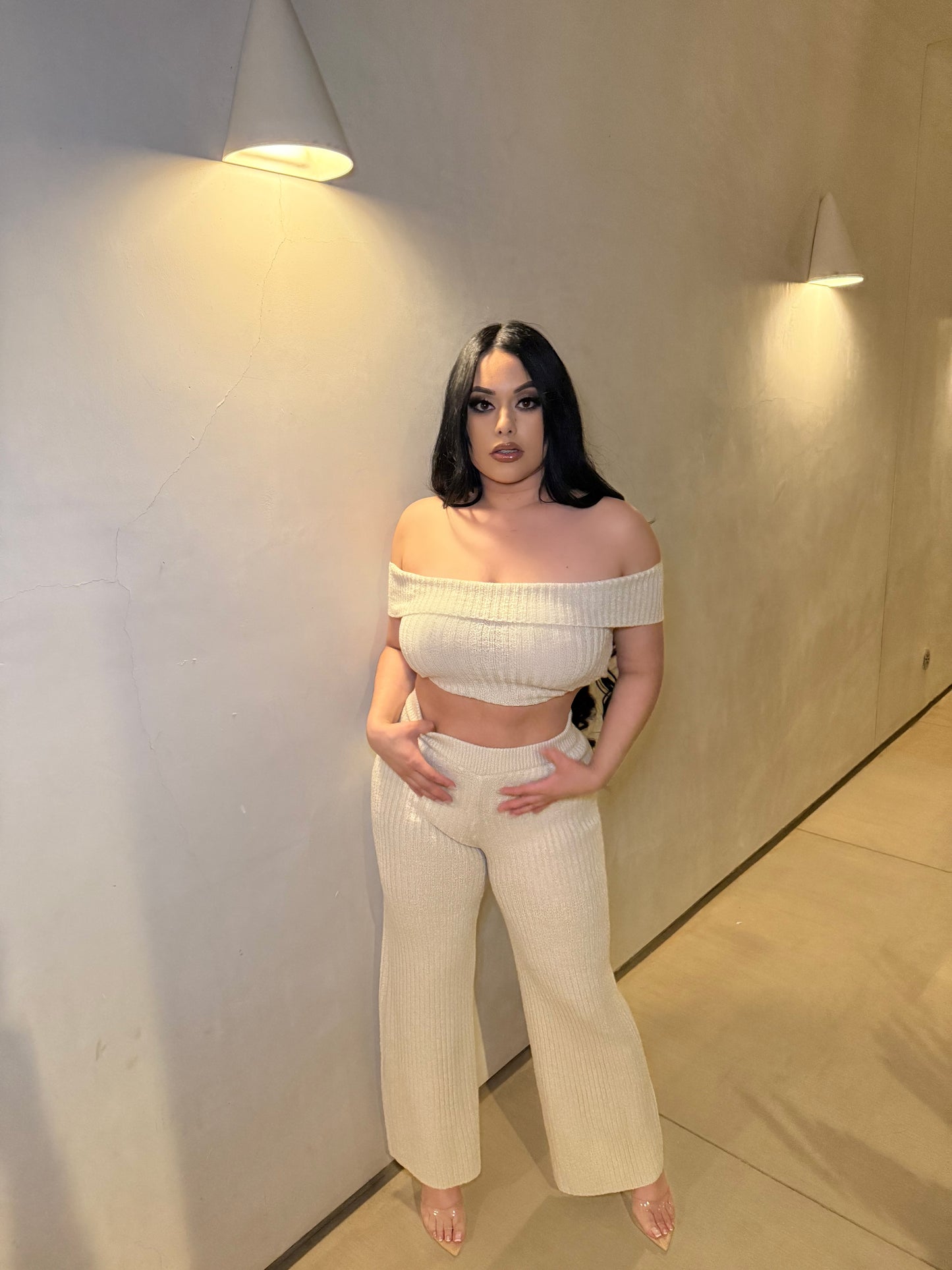 Ceylon off shoulder 2piece pant set - Beige