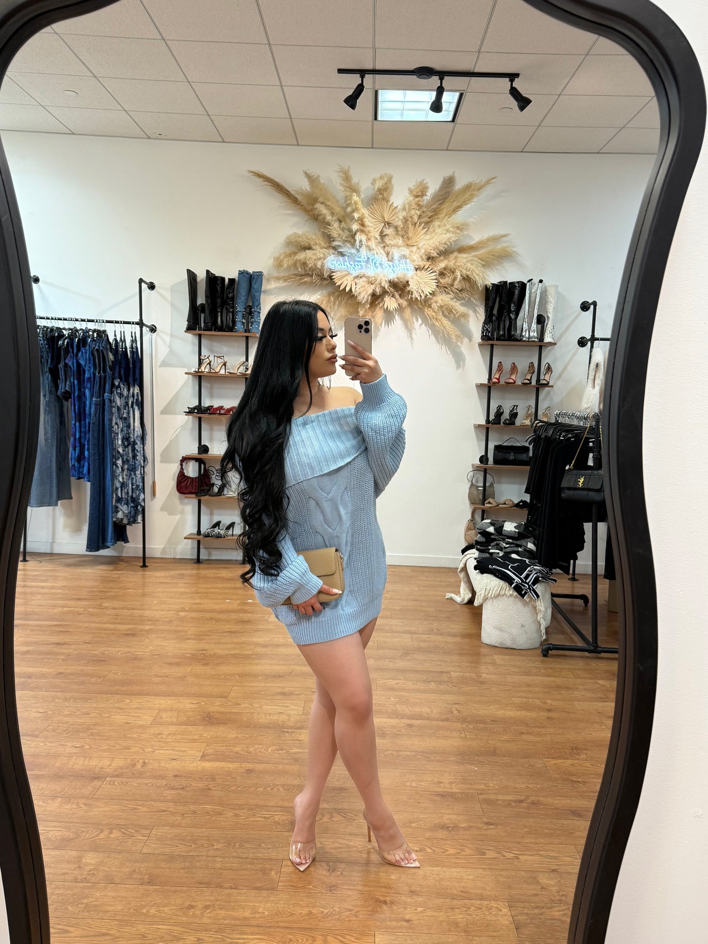 Aspen Love off the shoulder dress/Sweater - Blue