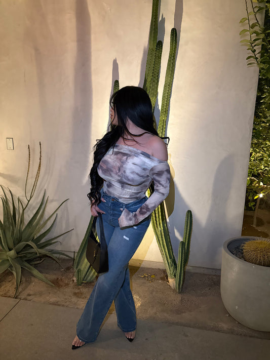 Alexandria Off Shoulder Mesh Top-Multi/brown