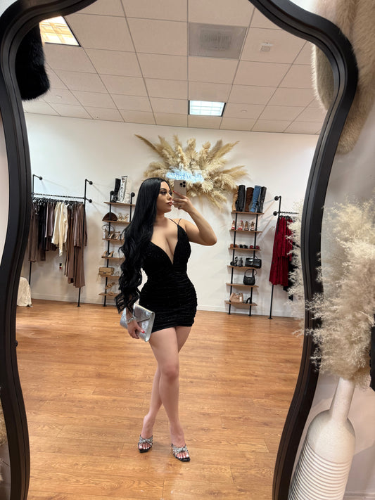 Adilene Suede Rhinestone Dress - Black