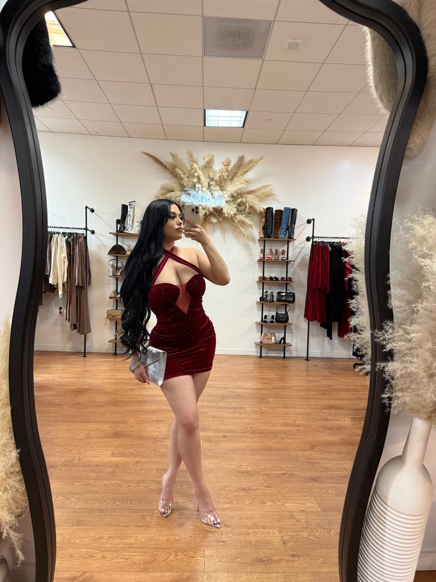 Exclusive Suede Rhinestone Dress- Burgundy