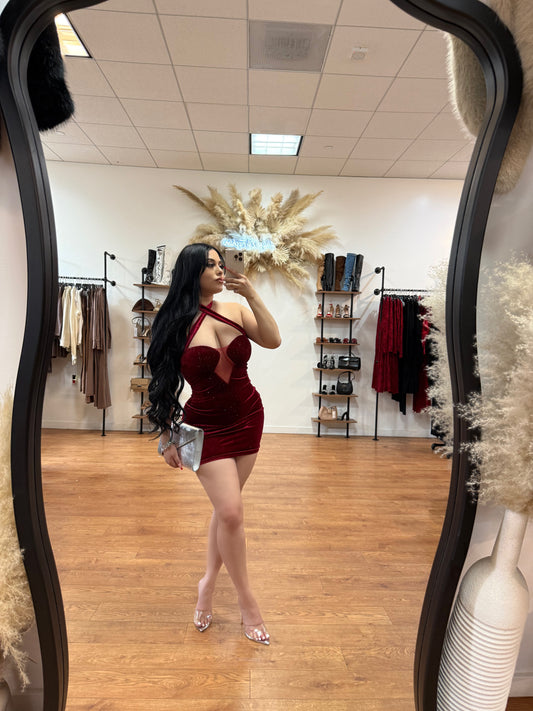 Exclusive Suede Rhinestone Dress- Burgundy