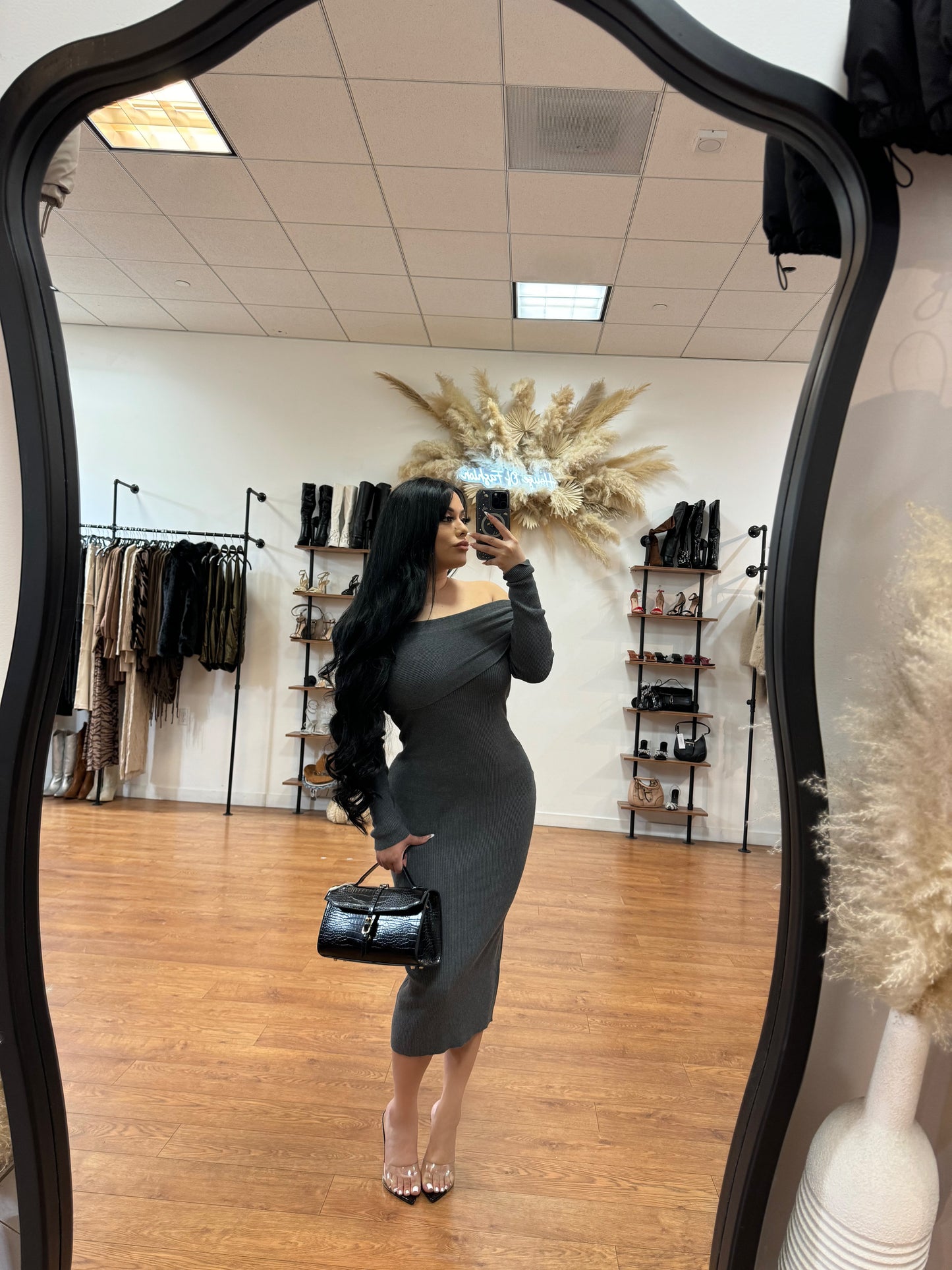 Aria Off The Shoulder Dress- Grey