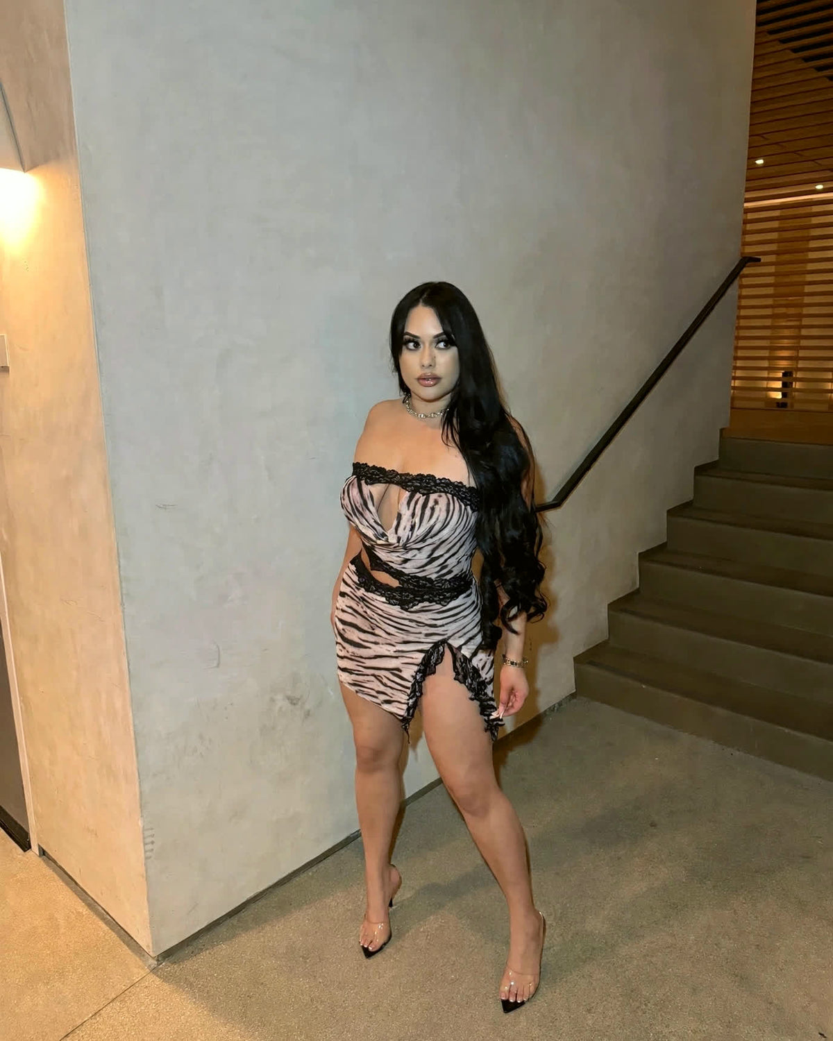 Fierce Lace Mini tiger print dress on model