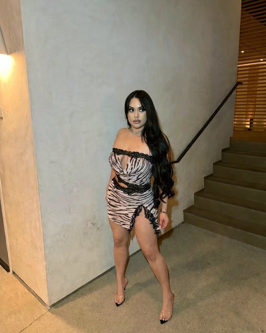 Fierce Lace Mini tiger print dress on model