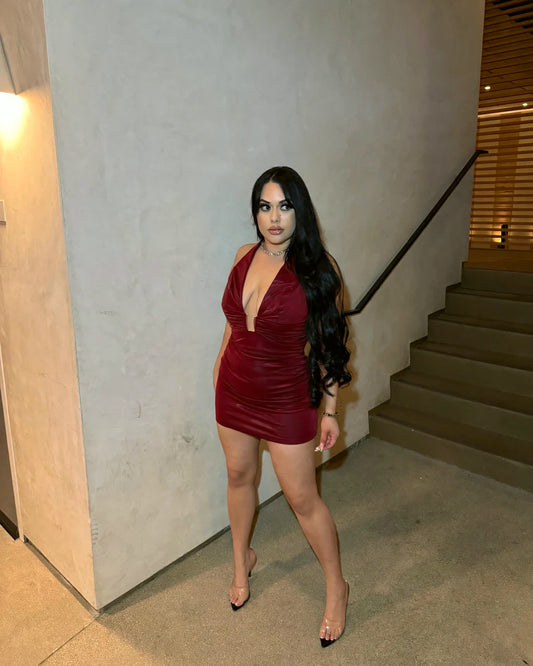 Wine Not Mini burgundy halter dress on model