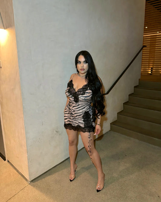 Midnight Muse tiger slip dress on model