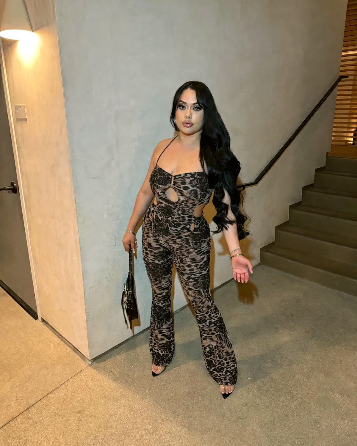 Wild Intentions Jumpsuit cheetah print on model