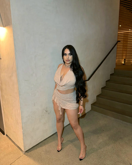 Champagne Nights Mini nude rhinestone dress on model