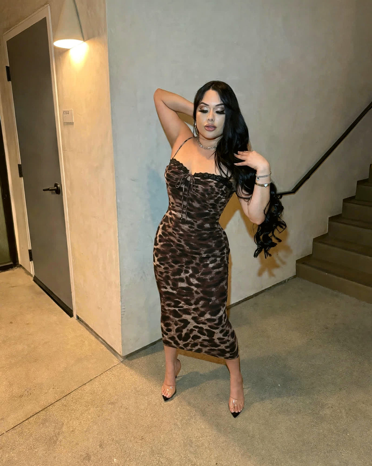 Fiancé Cheetah Dress leopard midi on model