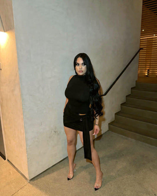 After Dark Mini black drape dress on model
